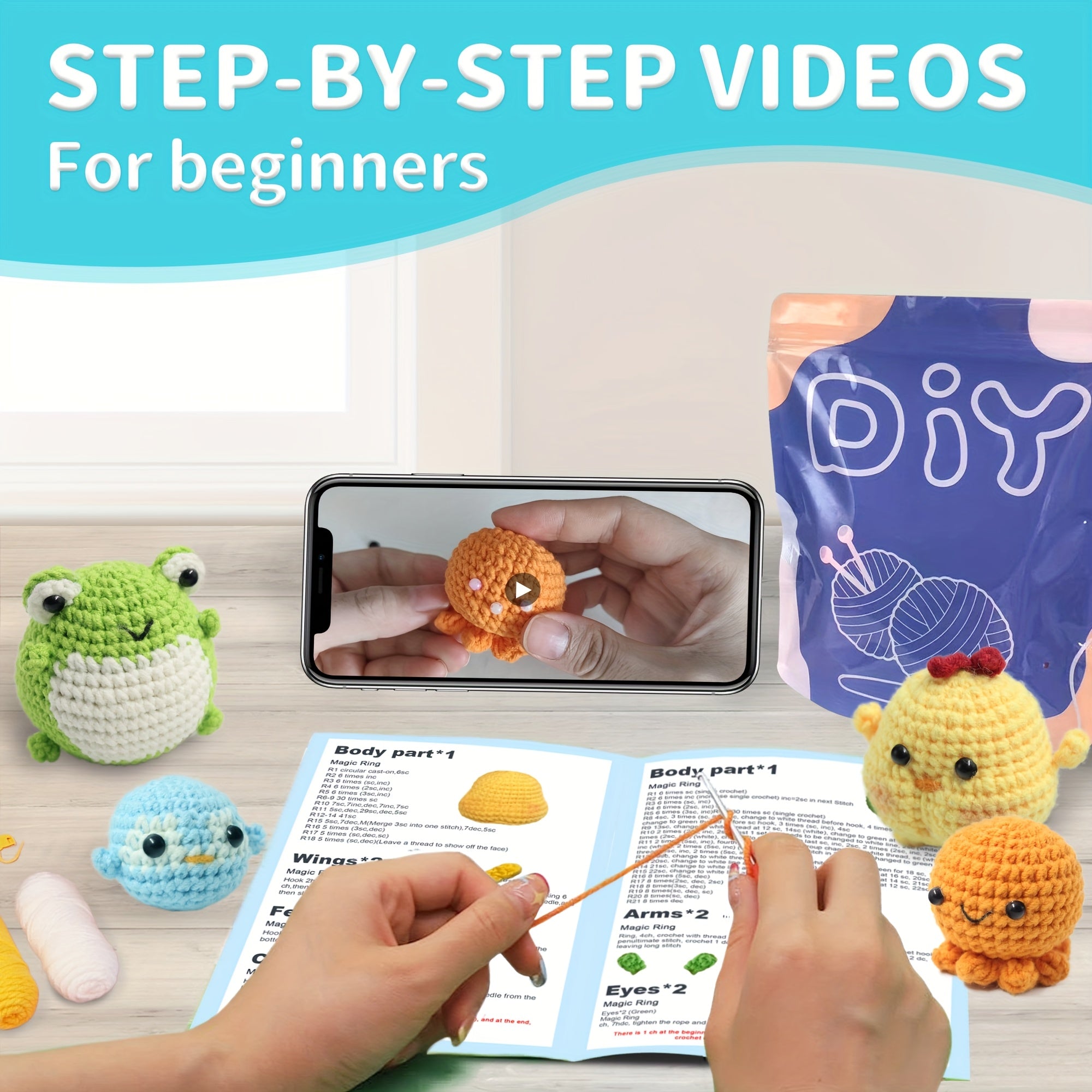 4PCS DIY Crochet Animal Kit for Beginners