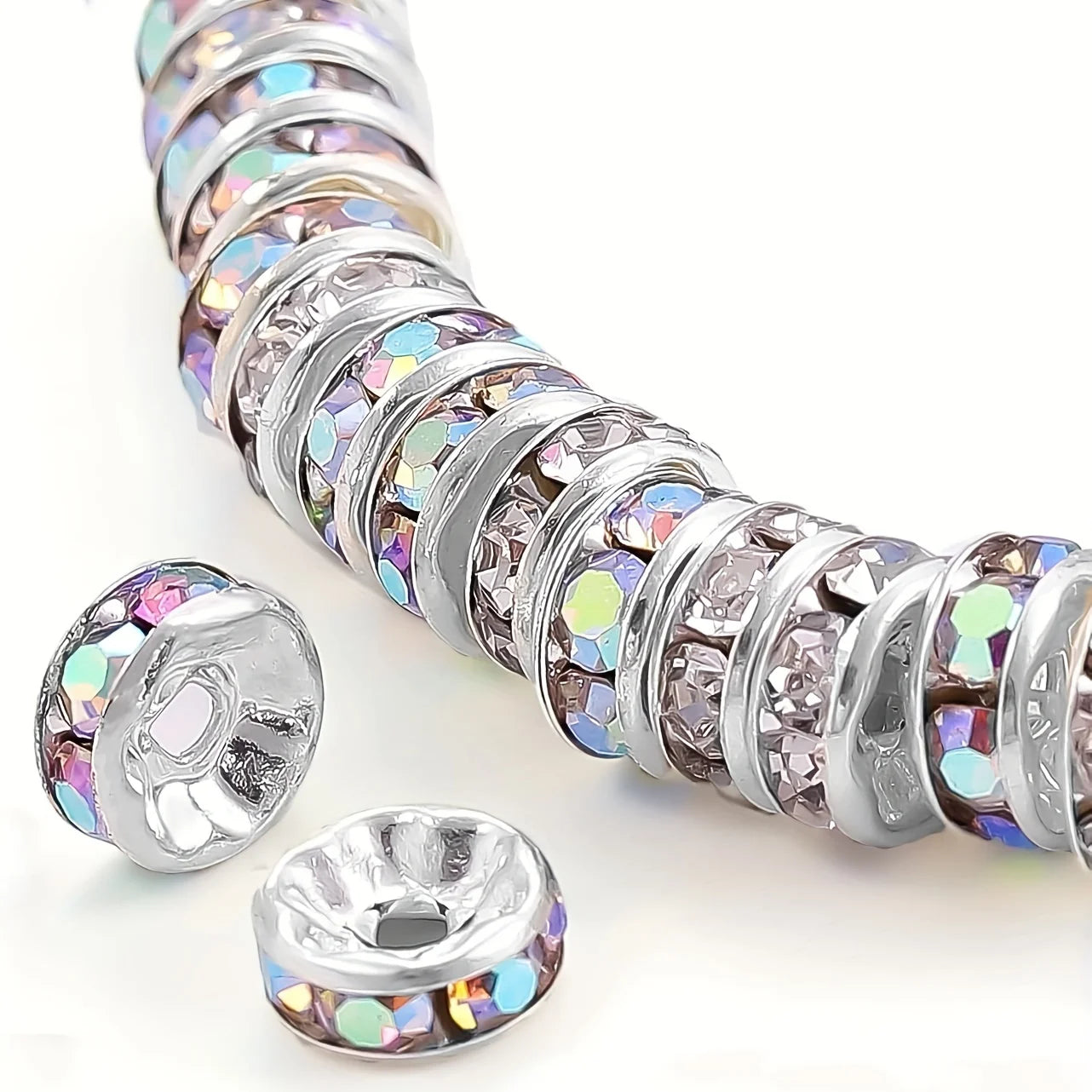 120pcs 8mm Flat Inlaid Rhinestone Spacer Beads