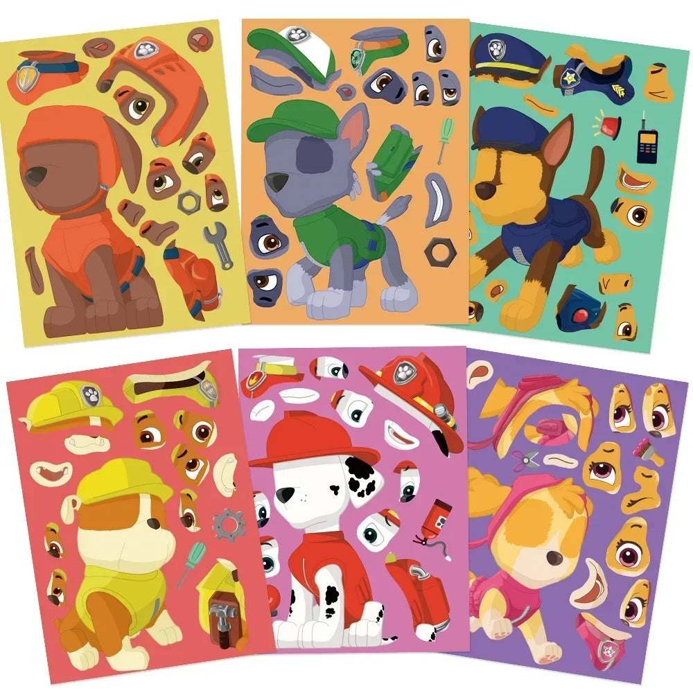 8/16/48 Sheets Cartoon Dog Make-a-Face Puzzle Stickers