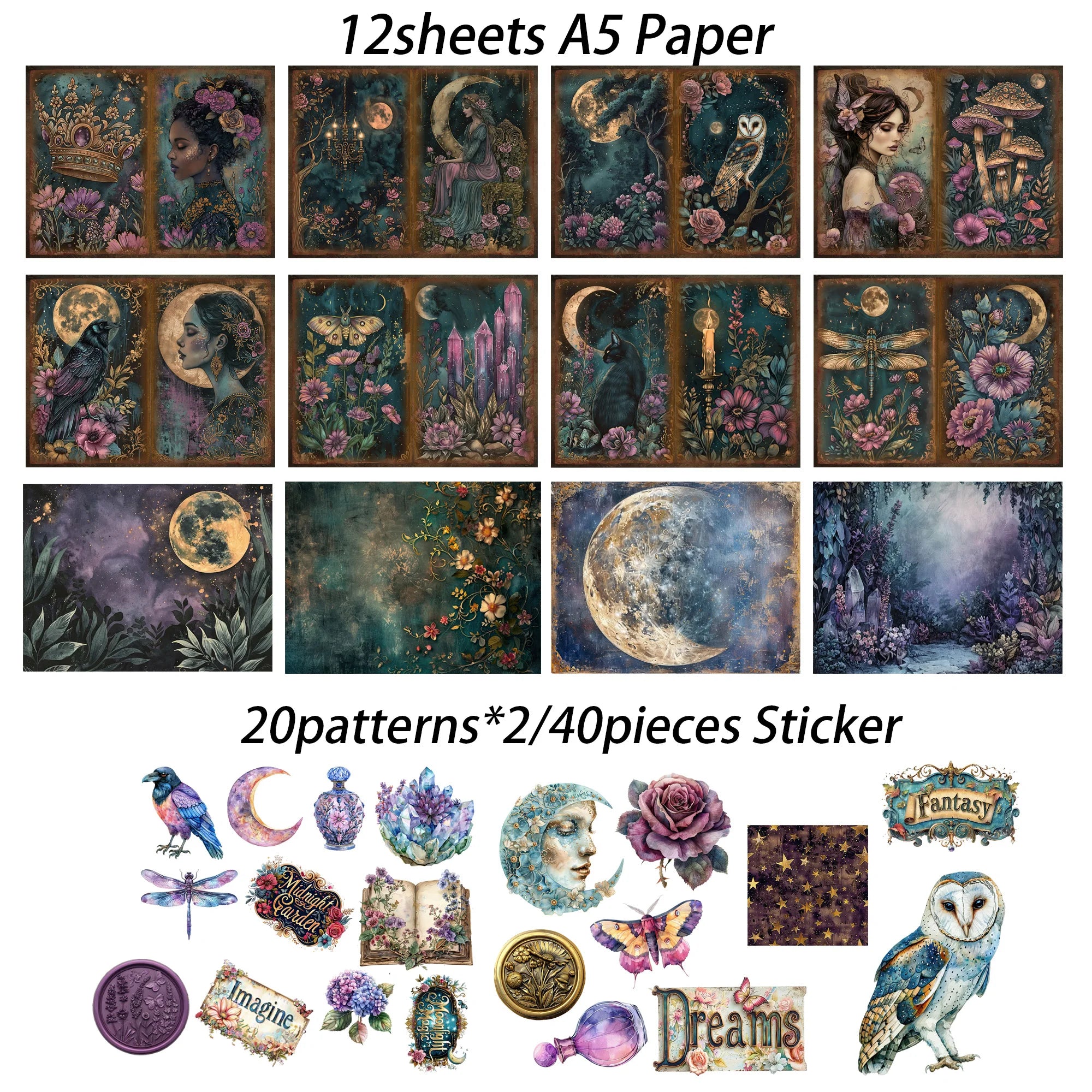 52pcs Gothic Midnight Garden Scrapbook Paper & Stickers Set