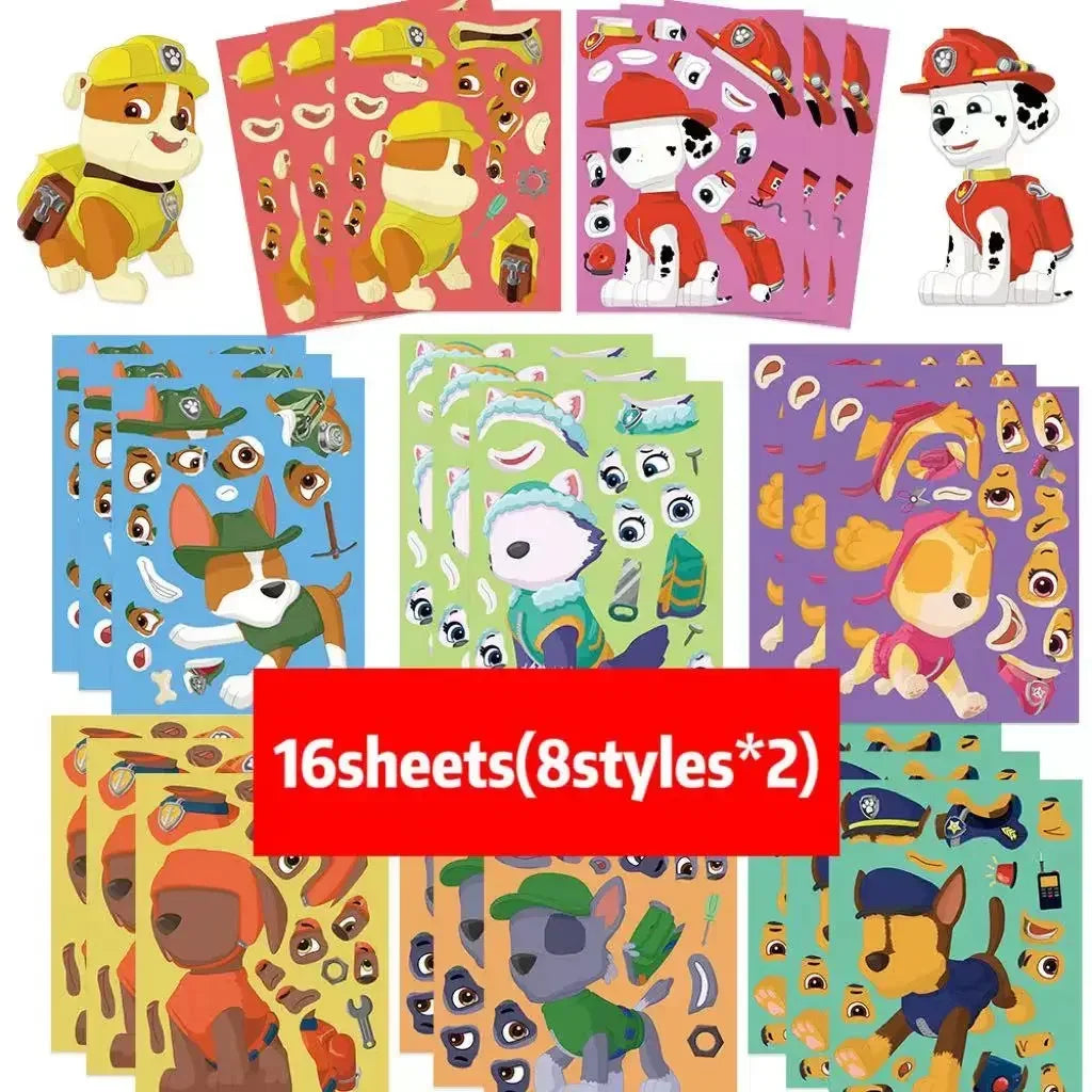 8/16/48 Sheets Cartoon Dog Make-a-Face Puzzle Stickers