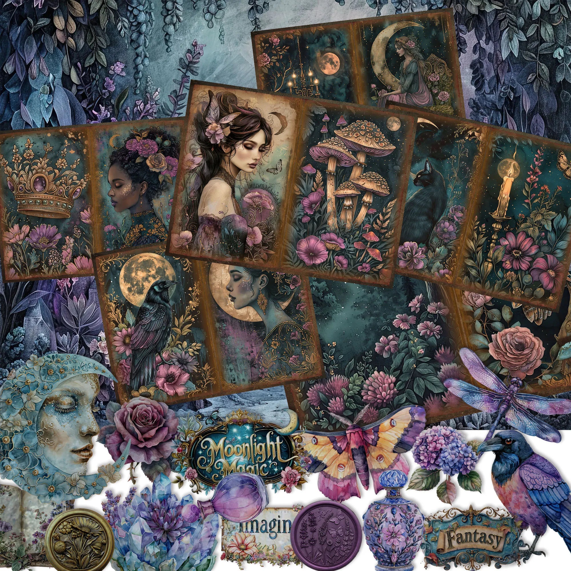 52pcs Gothic Midnight Garden Scrapbook Paper & Stickers Set