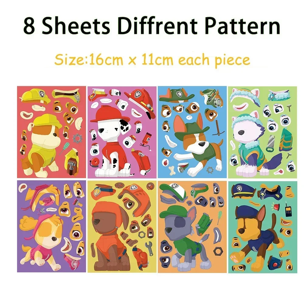 8/16/48 Sheets Cartoon Dog Make-a-Face Puzzle Stickers