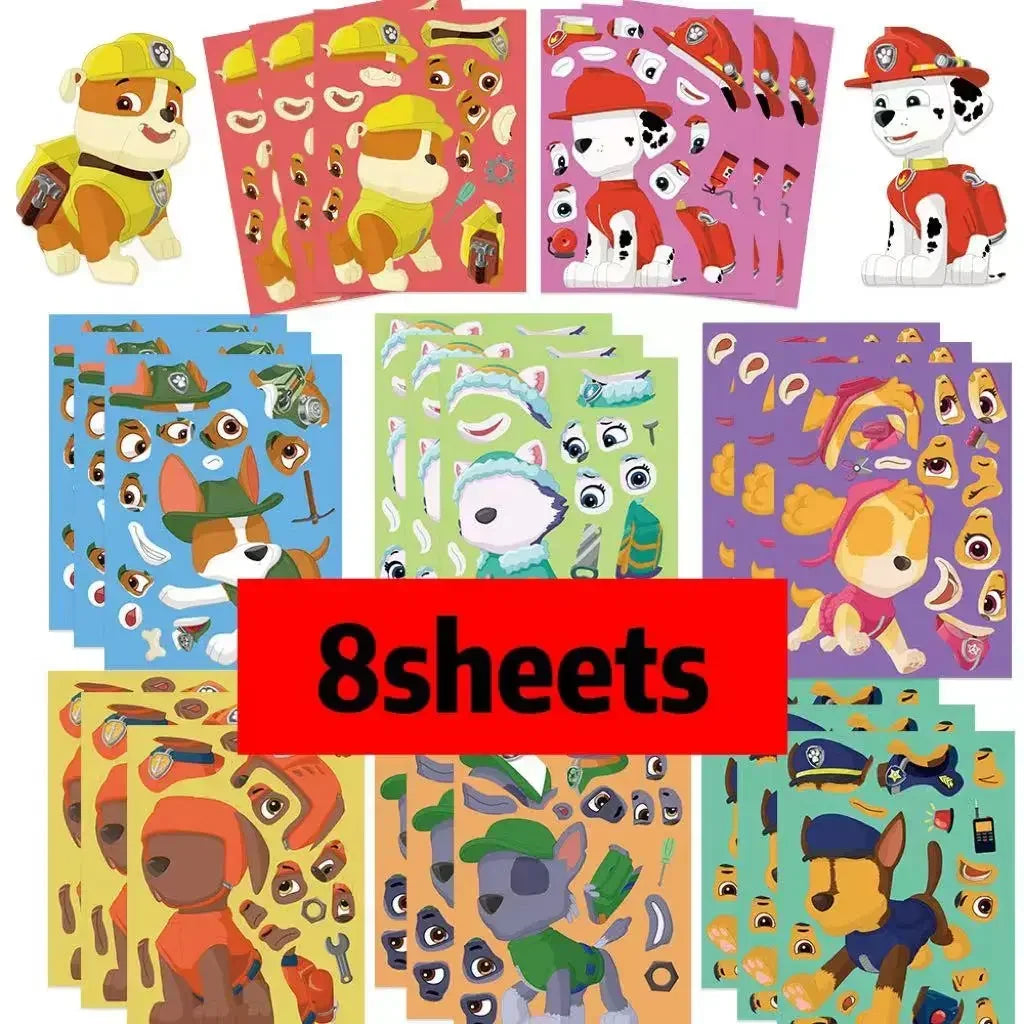 8/16/48 Sheets Cartoon Dog Make-a-Face Puzzle Stickers