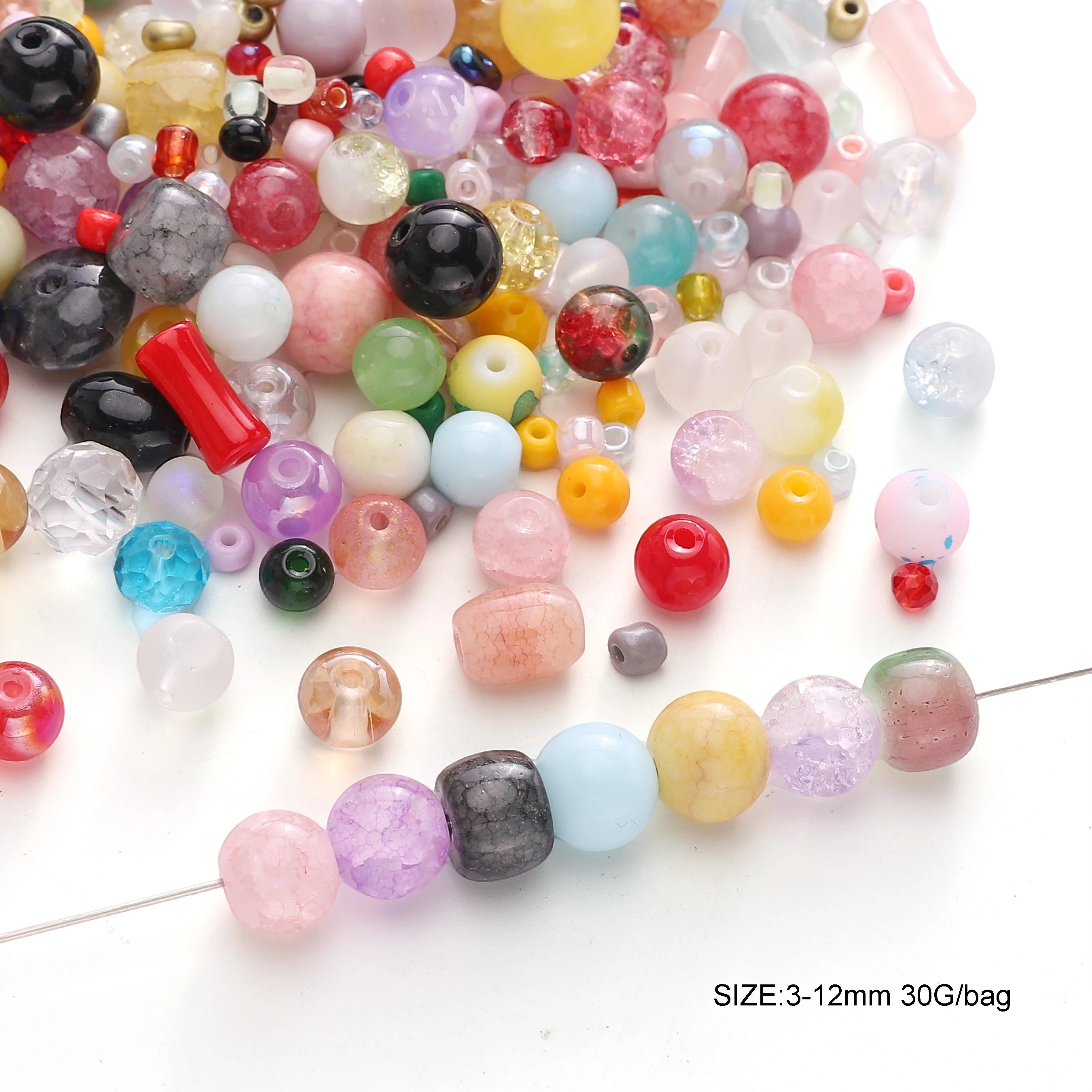 30g Mixed Glass Beads (3–12mm) for DIY Jewelry