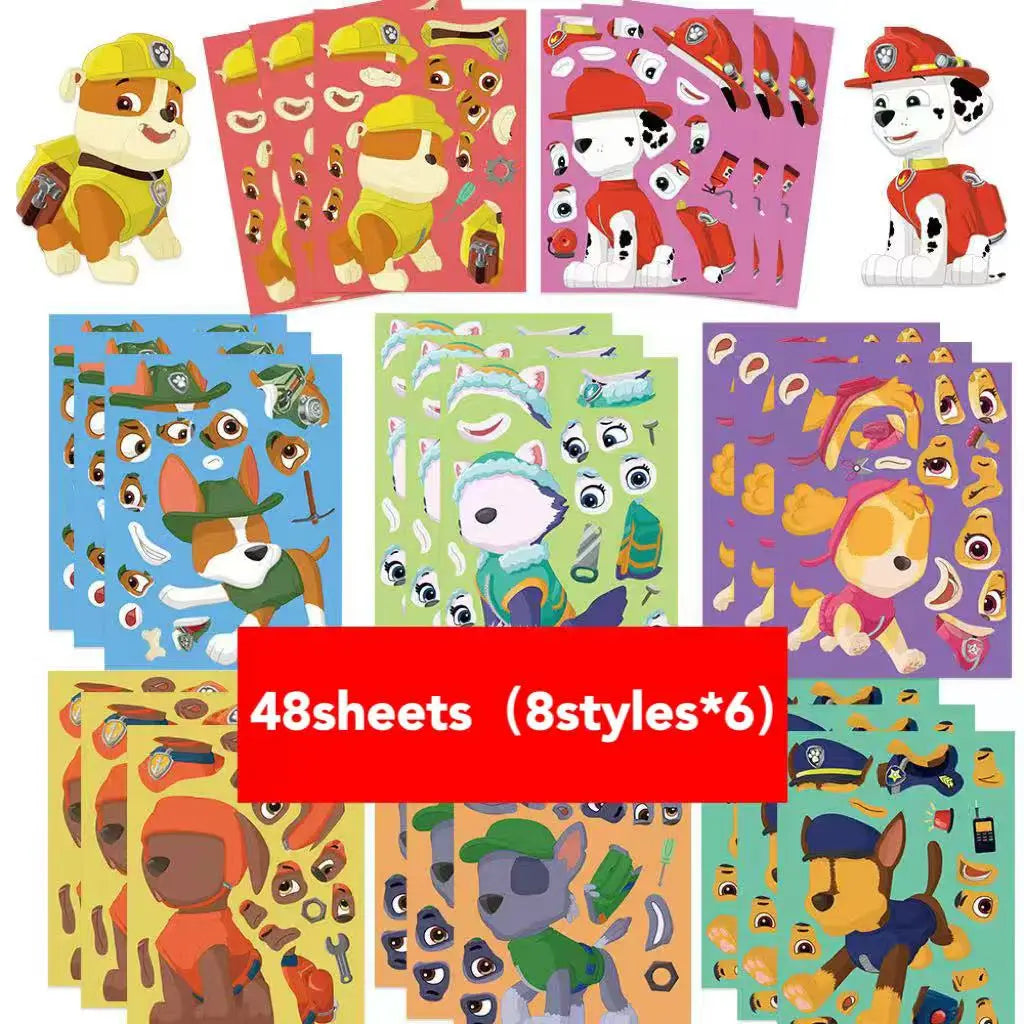 8/16/48 Sheets Cartoon Dog Make-a-Face Puzzle Stickers