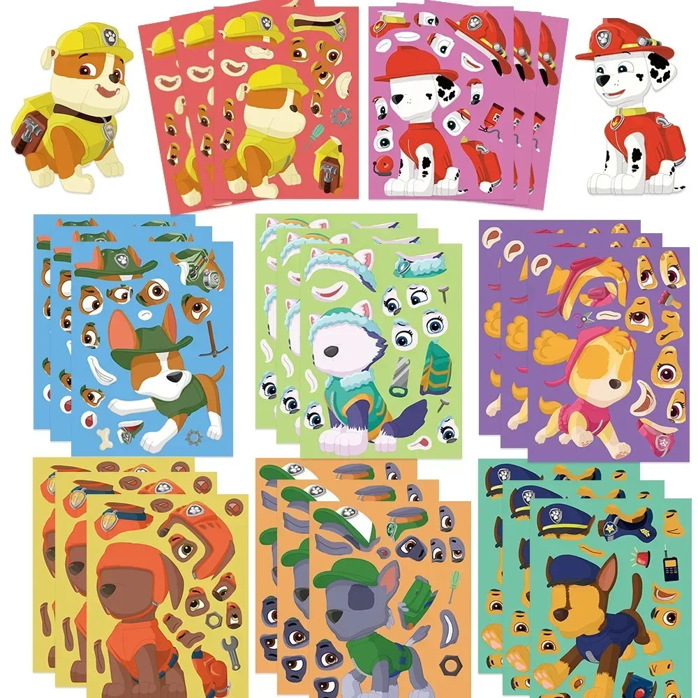 8/16/48 Sheets Cartoon Dog Make-a-Face Puzzle Stickers